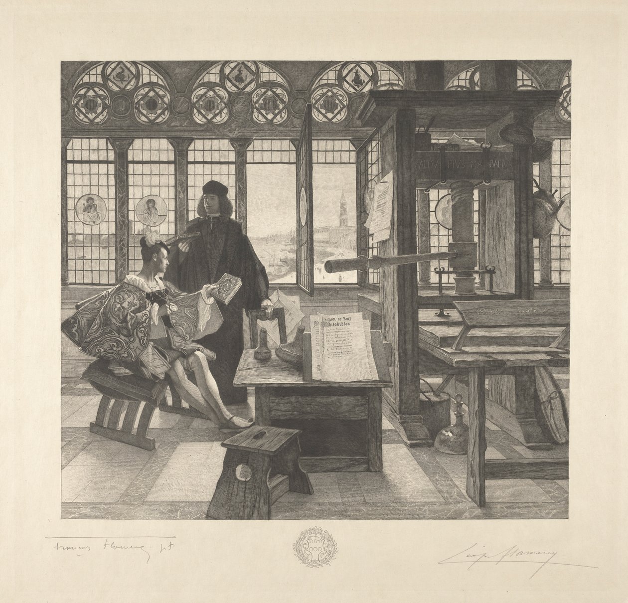 Grolier z drukarzem Aldusem Manutiusem autorstwa Leopold Flameng