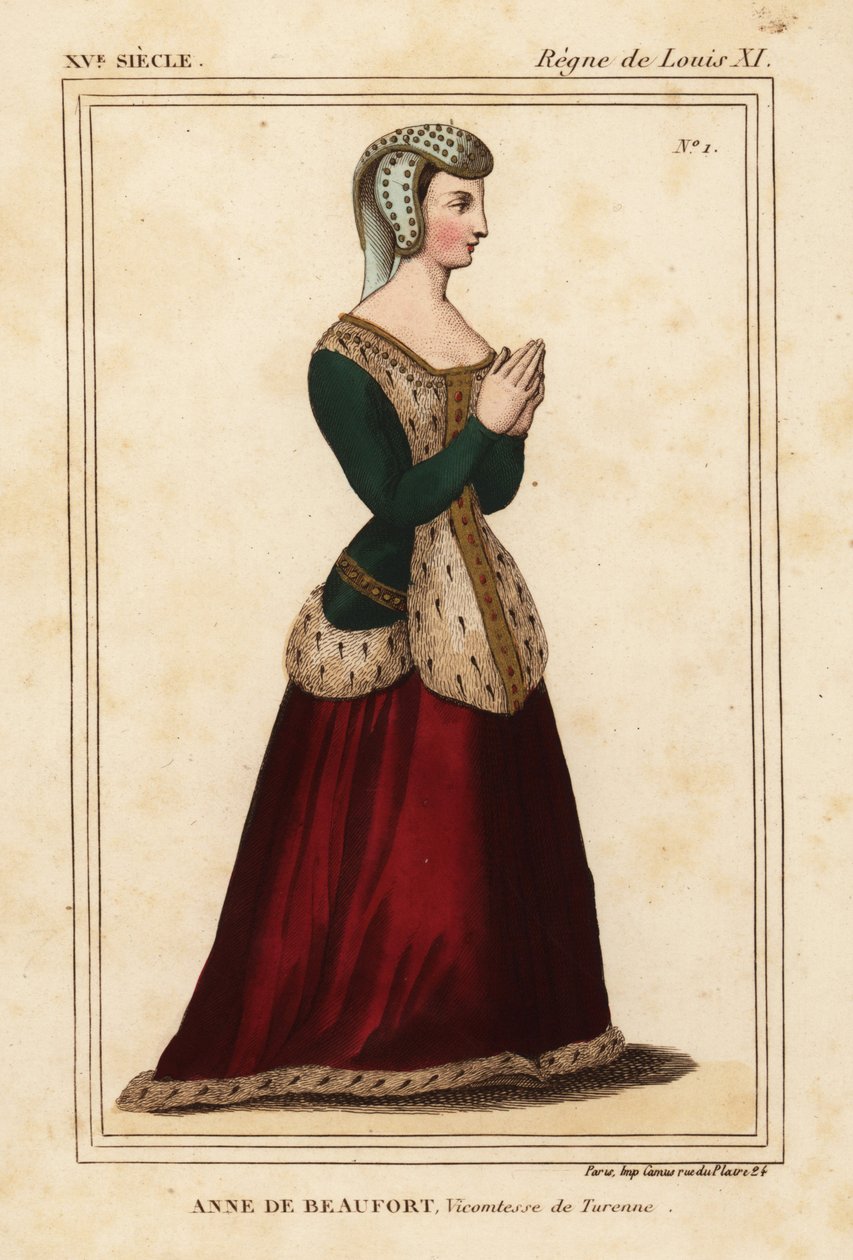 Anna Rogier de Beaufort, wicehrabina de Turenne 1435-1479. Litografia ręcznie kolorowana według okna ze szkła nierdzewnej w kościele Cordelieres de Nantes w tece Rogera de Gainieres VI 11 z Le Bibliophile Jacob aka Paula Lacroix