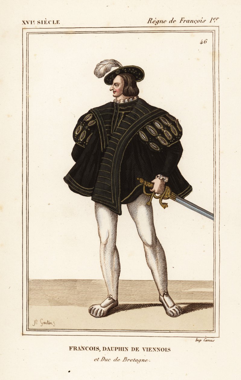 Franciszek III, książę Bretanii 1518-1536. Francois, delfin wiedeński i książę Bretanii. Ręcznie kolorowana litografia autorstwa J.B. Gautier według portretu z teki Rogera de Gainieresa VIII 14 z książki Le Bibliophile Jacob alias Paula Lacroix Costumes Hi autorstwa Leopold Massard