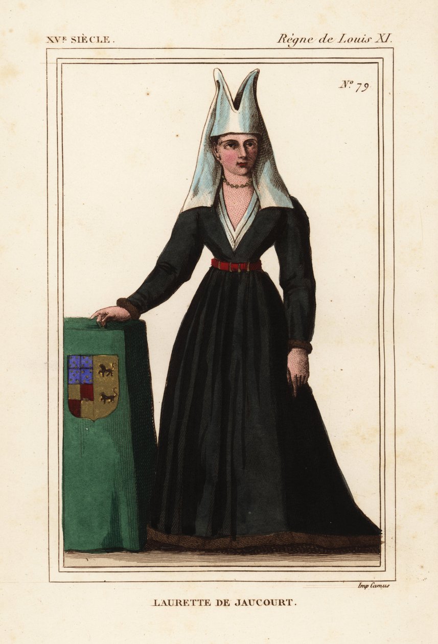 Lauretta z Jaucourt, żona Michała z Chaugy, lorda Chissey, Laurette de Jaucourt, Litografia ręcznie kolorowana według miniatury z teki Rogera de Gainieresa VII 49 z Le Bibliophile Jacob alias Paula Lacroix