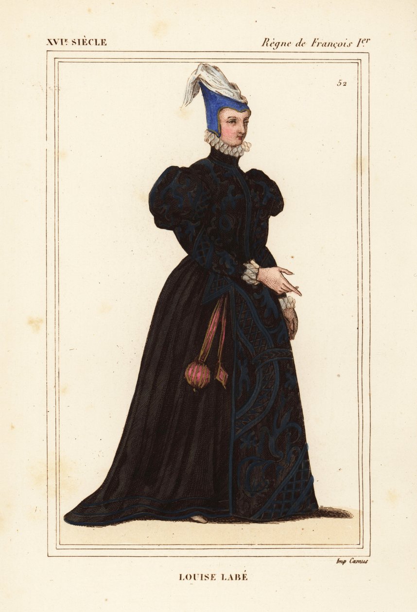 Louise Labe, La Belle Cordiere, francuska poetka w latach 1526-1566. Muzyk, jeździec, łucznik, szermierz i lingwista. Ręcznie kolorowana litografia według portretu w portfolio Rogera de Gaignieres VIII 82 z Le Bibliophile Jacob aka Paul Lacroix