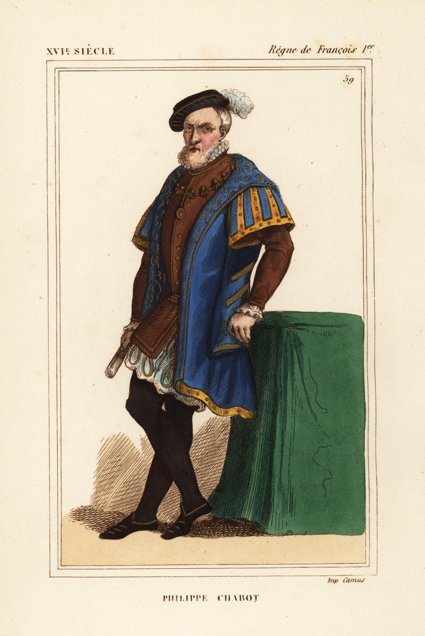 Philippe Chabot, lord Brion, hrabia Charny, admirał de Brion, admirał francuski, zm. 1543. Litografia ręcznie kolorowana według portretu w tekach Rogera de Gainieresa z książki Le Bibliophile Jacob aka Paula Lacroix