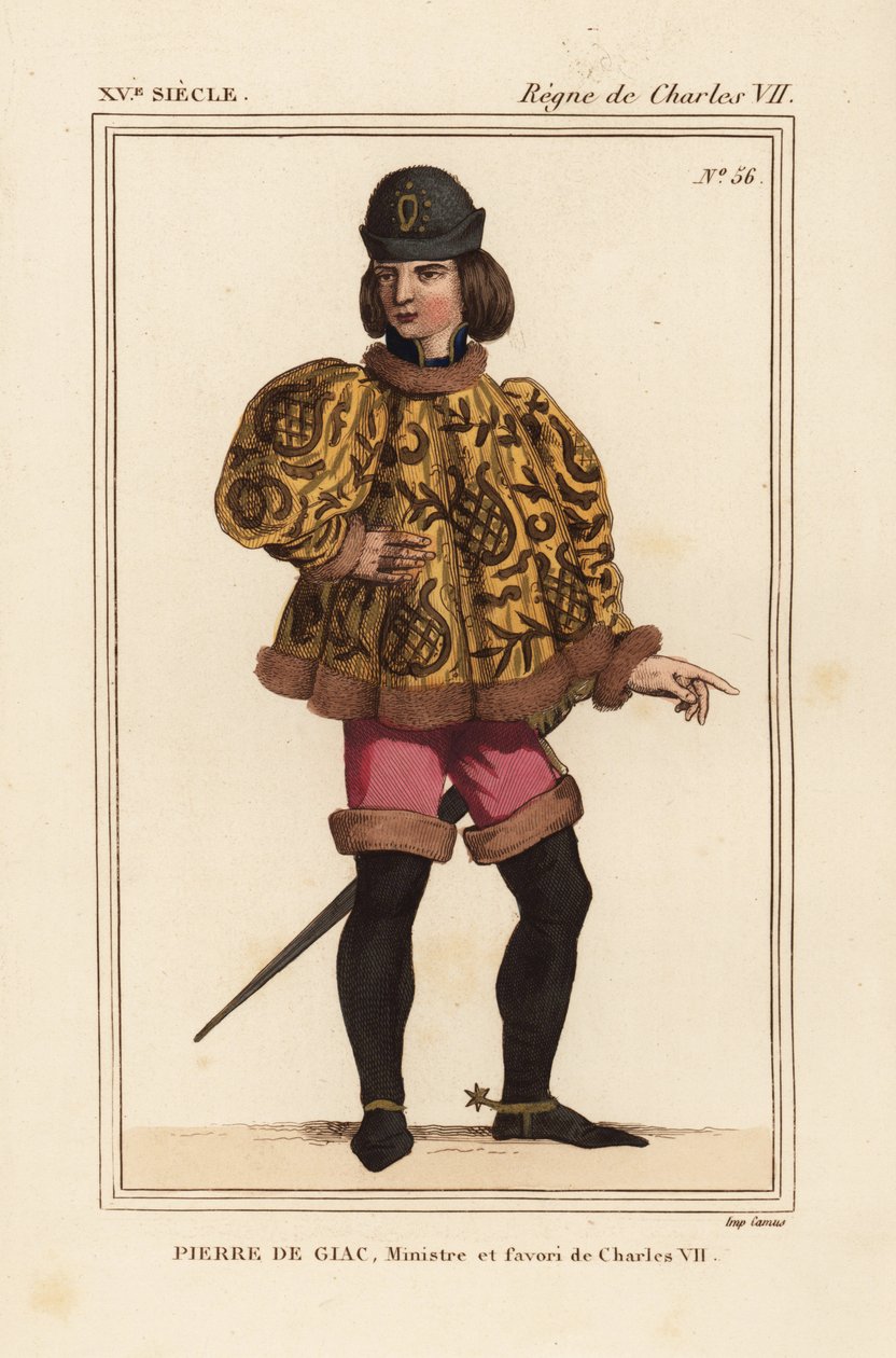 Pierre de Giac, szambelan króla Karola VII w latach 1377-1426. Wykonany przez utonięcie w Dun-Le-Roi. Nosi krótką sutannę z rękawami mahoitresowymi, różowe pantalony i buty z ostrogami. Litografia ręcznie kolorowana według miniatury w rękopisie Histoire du autorstwa Leopold Massard
