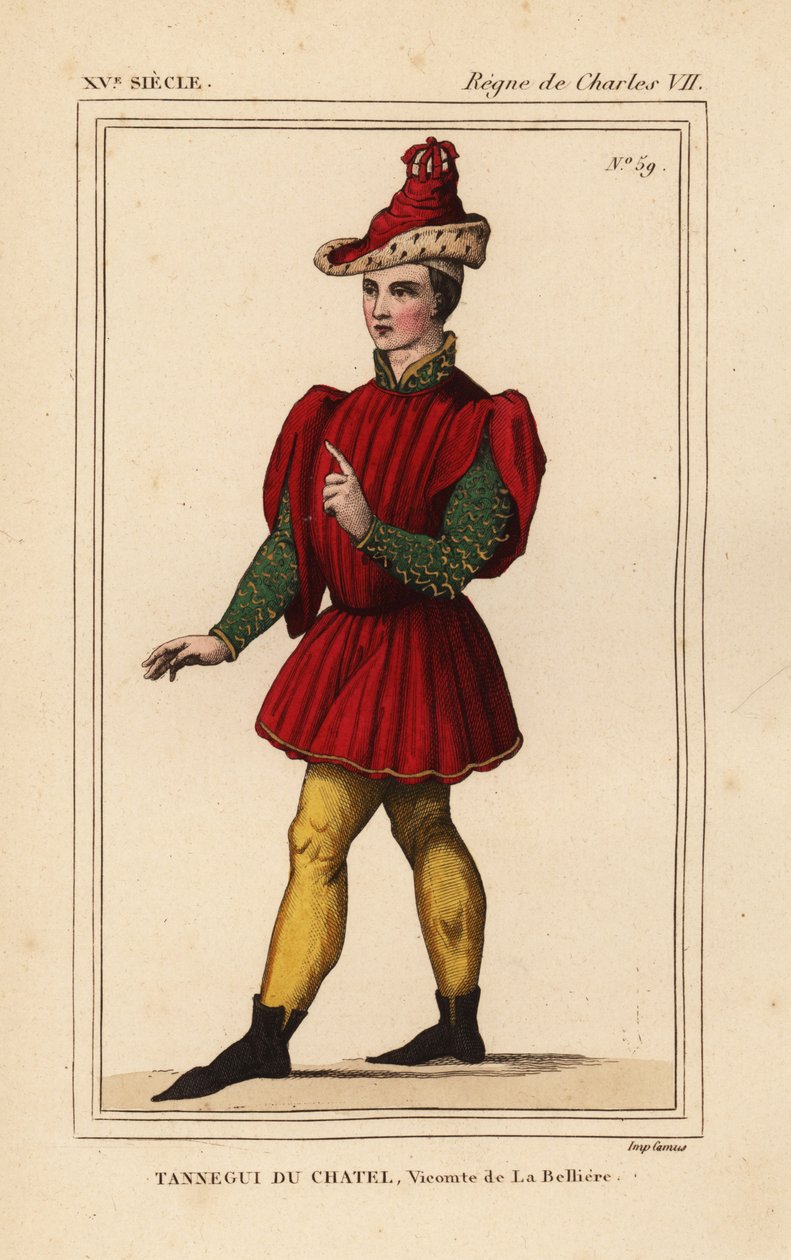 Tanneguy IV du Chatel, wicehrabia de la Belliere, wielki mistrz hotelu Franciszka II, księcia Bretanii, zm. 1477. Litografia ręcznie kolorowana według postaci na gobelinie przedstawiającej Esterę i Mardocheusza w tece Rogera de Gainieresa VI 132 z Le Bibli autorstwa Leopold Massard