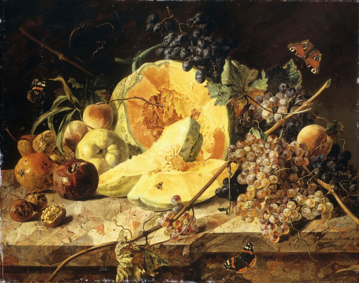 Martwa natura z owocami, orzechami i owadami, 1835 autorstwa Leopold Zinnogger