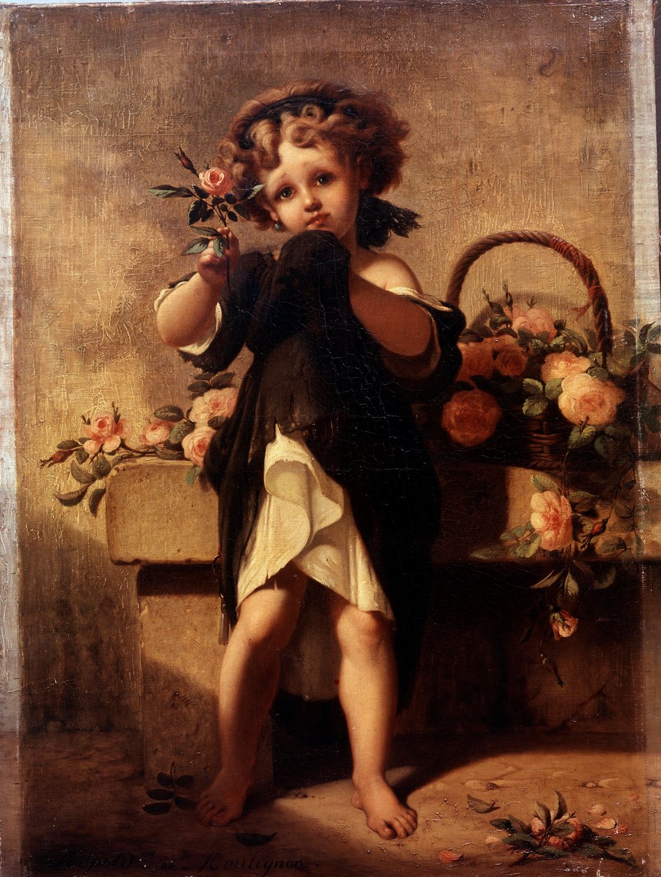 Pełnowymiarowy portret małej dziewczynki z różą Obraz Leopolda Moulignon (1821-1897) XIX wiek . autorstwa Leopold de Moulignon