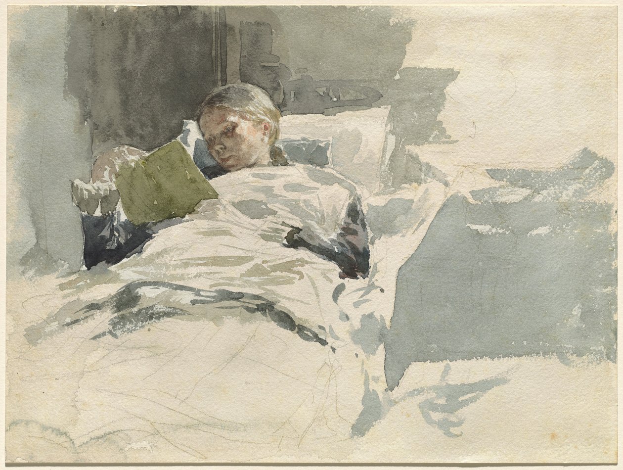 Żona artysty czyta w łóżku autorstwa Leopold von Kalckreuth