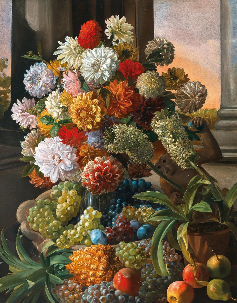 Leopold von Stoll Martwa natura z kwiatami i winogronami autorstwa Leopold von Stoll