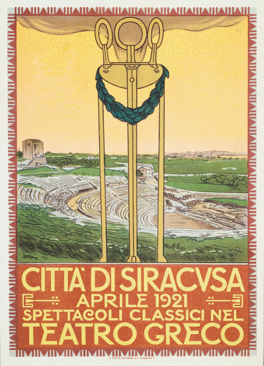 Plakat reklamowy sezonu teatralnego na greckiej arenie w Syrakuzach we Włoszech autorstwa Leopoldo Metlicovitz