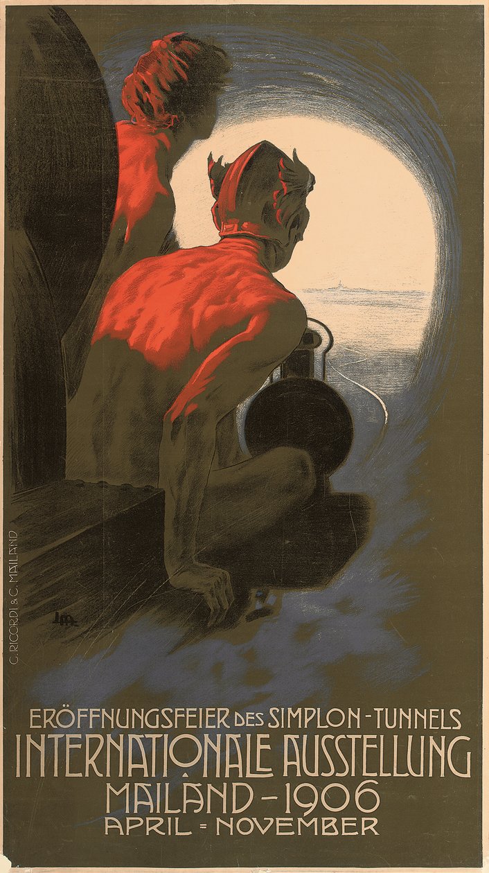 Niemiecki plakat reklamujący Międzynarodową Wystawę w Mediolanie w 1906 roku zorganizowaną z okazji otwarcia transalpejskiego tunelu Simplon autorstwa Leopoldo Metlicovitz