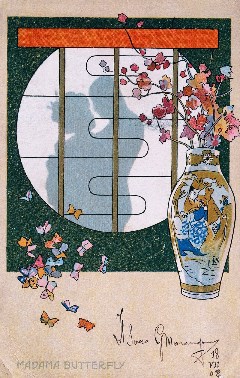 Pocztówka stworzona na premierę „Madame Butterfly”, w Brescia autorstwa Leopoldo Metlicovitz