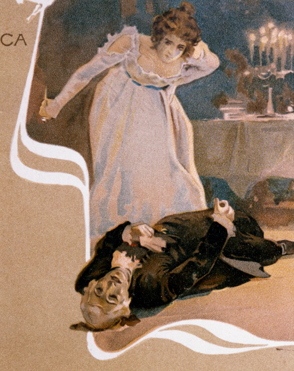 Pocztówka ilustrowana Leopoldo Metlicovitz (1868-1944) przedstawiająca sceny z Toski, opera Giacomo Pucciniego (1858-1924) autorstwa Leopoldo Metlicovitz