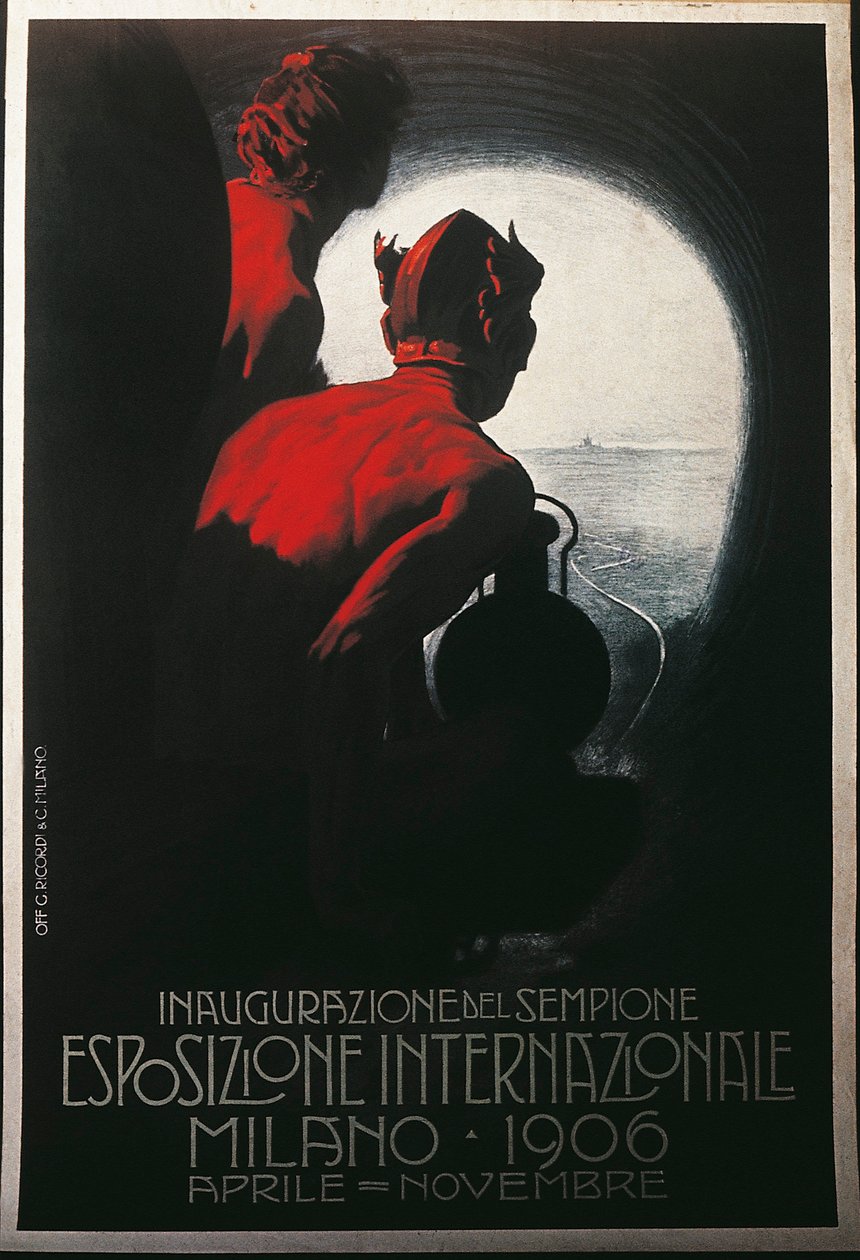 Plakat do Transalpine Simplon Tunel na Międzynarodowej Wystawie w Mediolanie, kwiecień-listopad 1906 autorstwa Leopoldo Metlicovitz