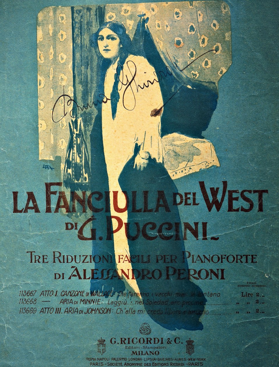 Strona tytułowa Leopolda Metlicovitza (1868-1944) z wyciągiem fortepianowym Alessandro Peroniego do opery La fanciulla del West (Dziewczyna Złotego Zachodu) Giacomo Pucciniego (1858-1924) autorstwa Leopoldo Metlicovitz