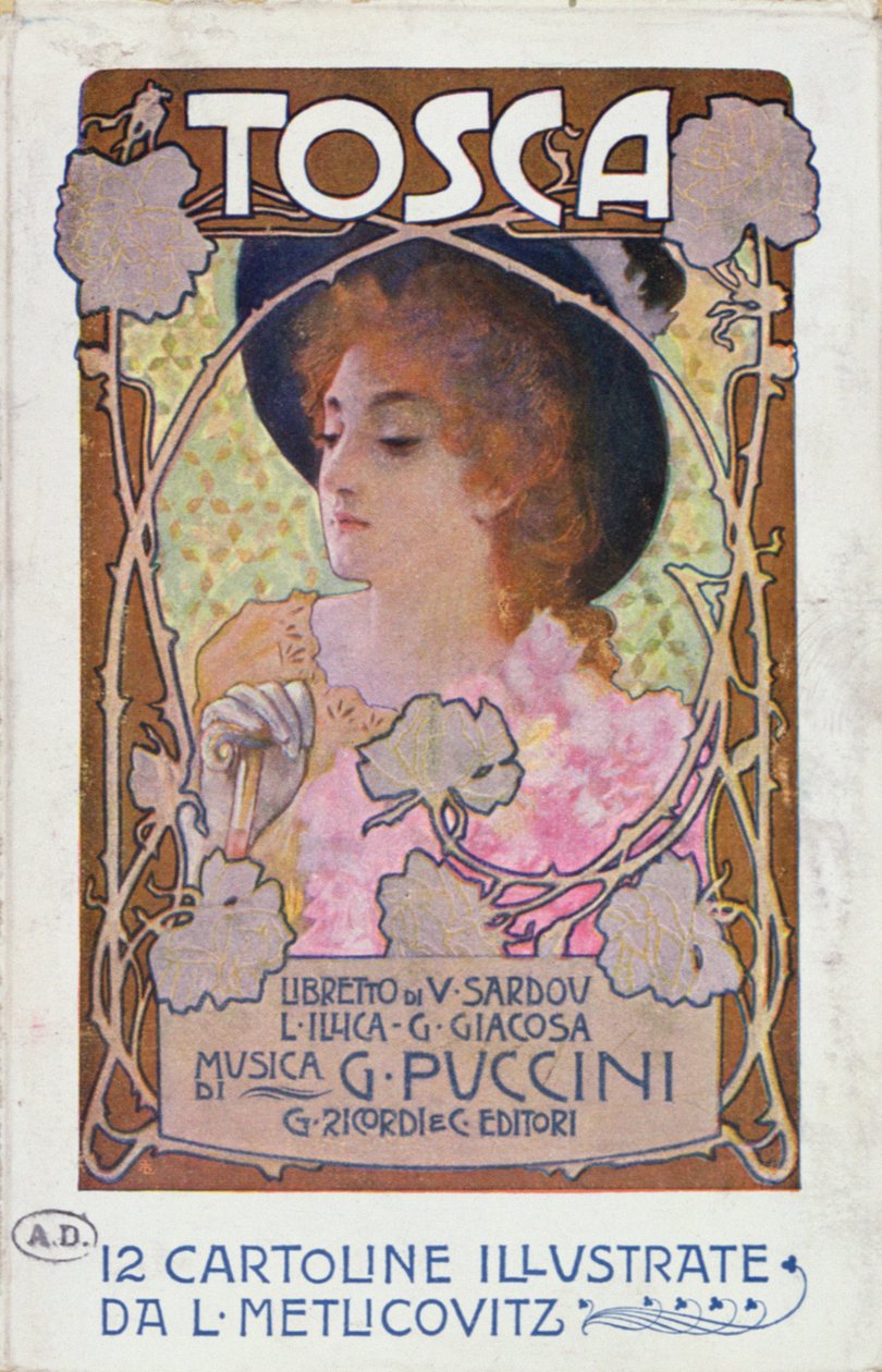 Strona tytułowa karty partytury do opery Tosca Pucciniego, ok. 1910 (litografia kolorowa) autorstwa Leopoldo Metlicovitz