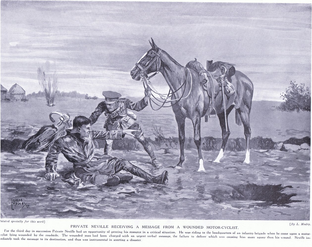 Szeregowy Neville odbiera wiadomość od rannego motocyklisty Ypres październik 1914 r. autorstwa Leslie Mosley