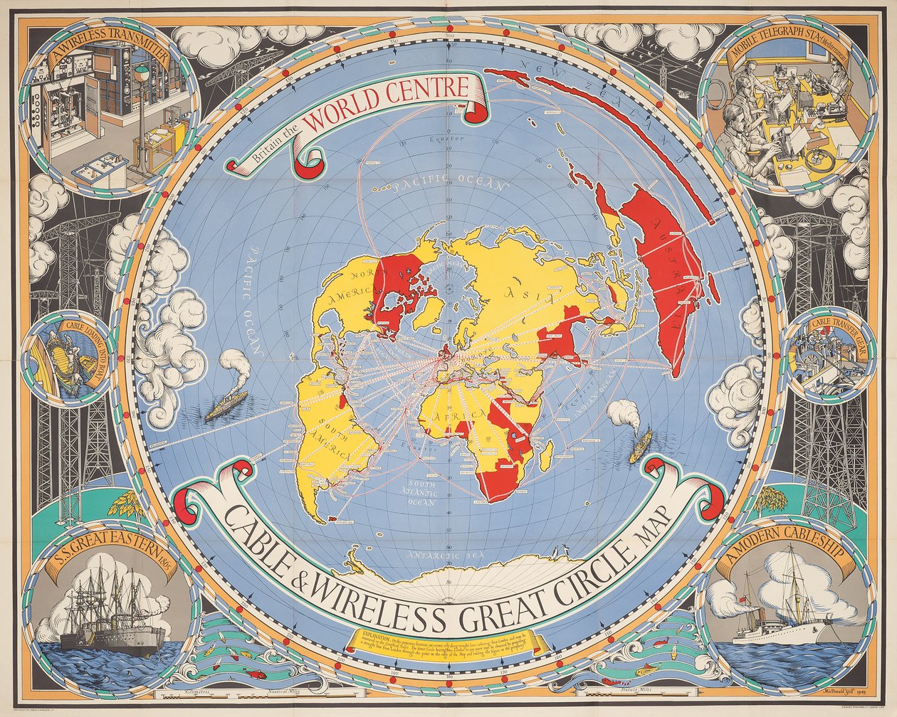 Mapa kablowa i bezprzewodowa Great Circle autorstwa Leslie MacDonald Gill