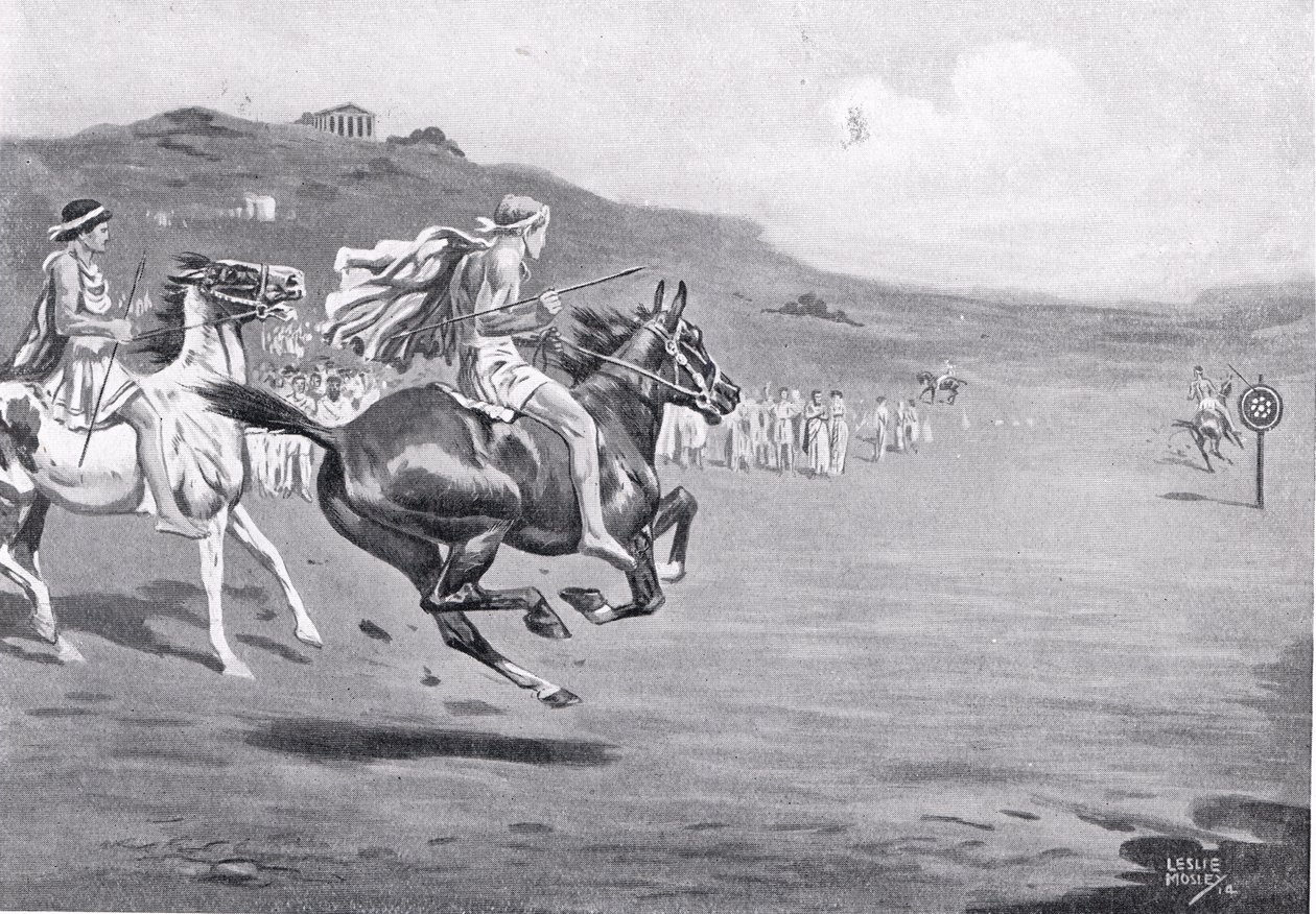 Jeźdźcy greccy rzucający oszczepem, ilustracja z „Historii Narodów Hutchinsona”, 1915 autorstwa Leslie Mosley