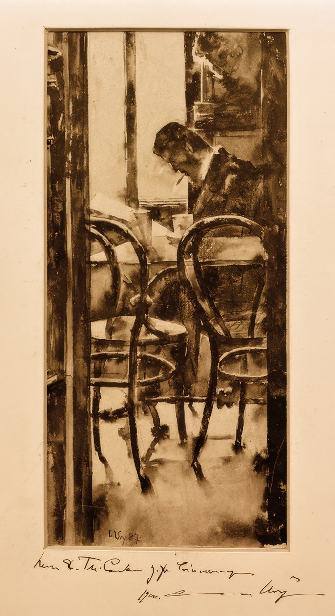 Café Gelber w Hamburgu (człowiek czytający gazetę w kawiarni) autorstwa Lesser Ury