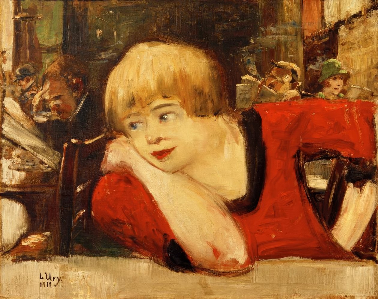 W kawiarni. kobieta w czerwieni autorstwa Lesser Ury