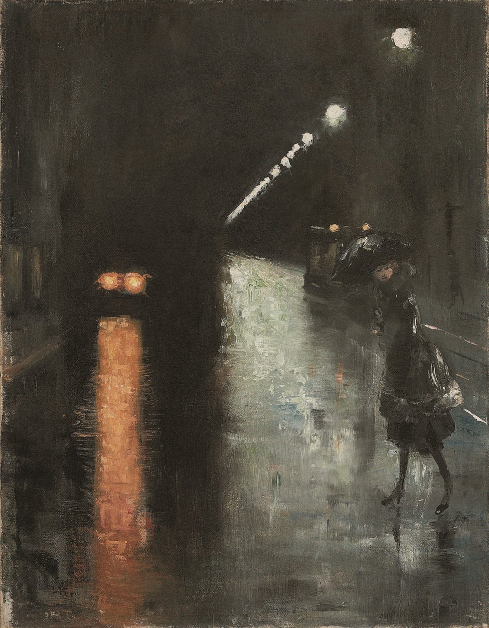 Nocna scena uliczna, Berlin (Leipziger Strasse?), ok. 1920 r. (olej na płótnie) autorstwa Lesser Ury
