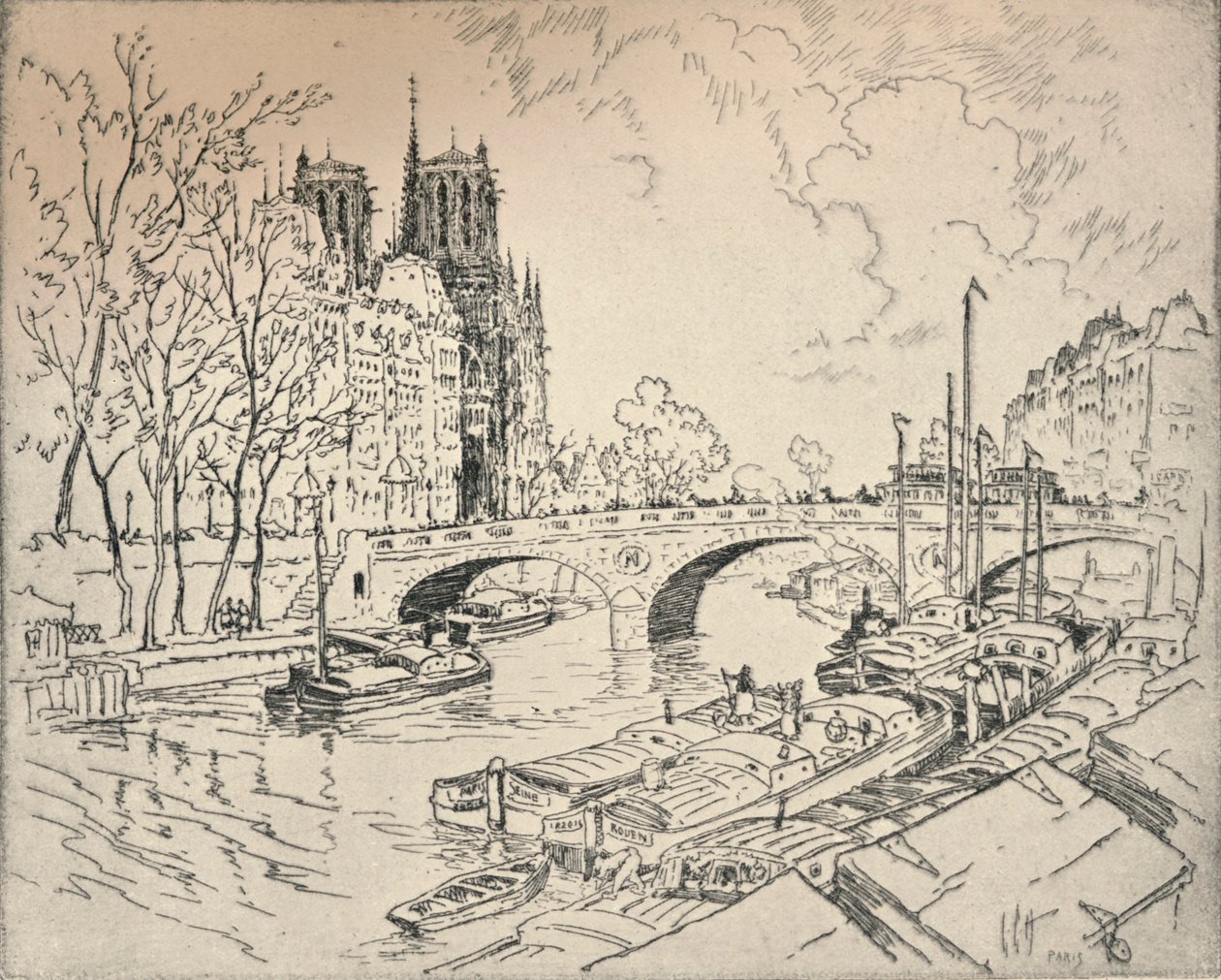 „Sekwana w Notre Dame”, 1915 autorstwa Lester George Hornby
