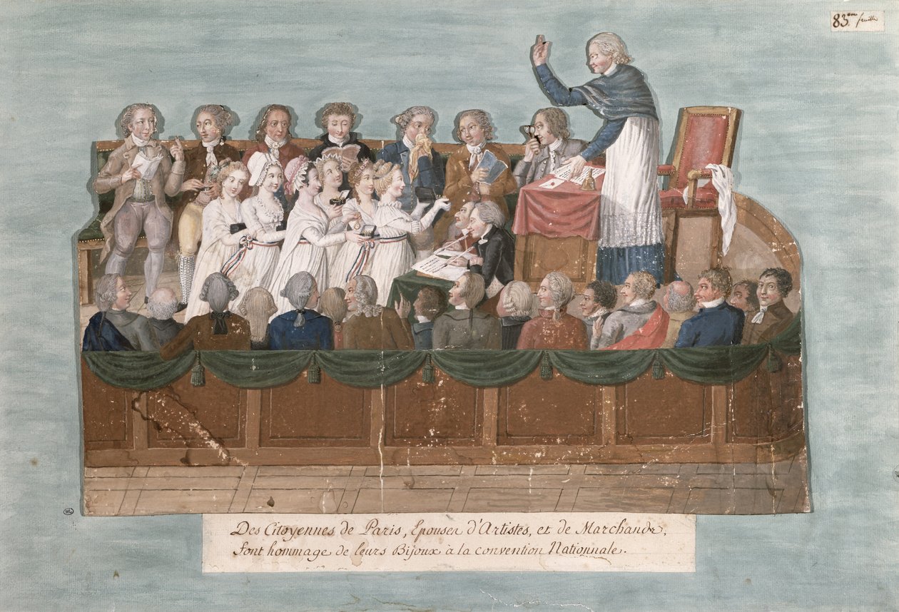 Paryżanie ofiarowujący swoją biżuterię konwencji, ok. 1792 (gwasz na karcie) autorstwa Lesueur Brothers