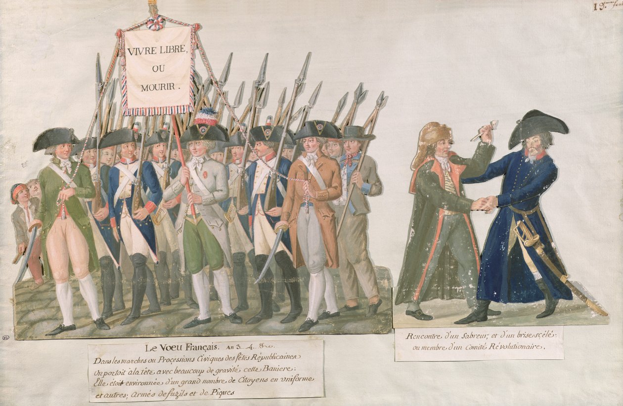 Francuska przysięga "Niech żyje wolność albo ginie"; spotkanie szermierza z członkiem Komitetu Rewolucyjnego, ok. 1789-92 (gwasz na karcie) autorstwa Lesueur Brothers