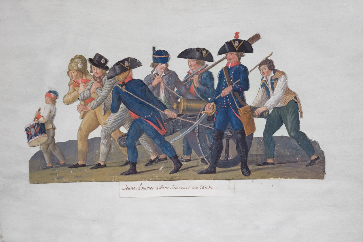 Młodzi mężczyźni ćwiczą z armatą, ok. 1789 r. autorstwa Lesueur Brothers