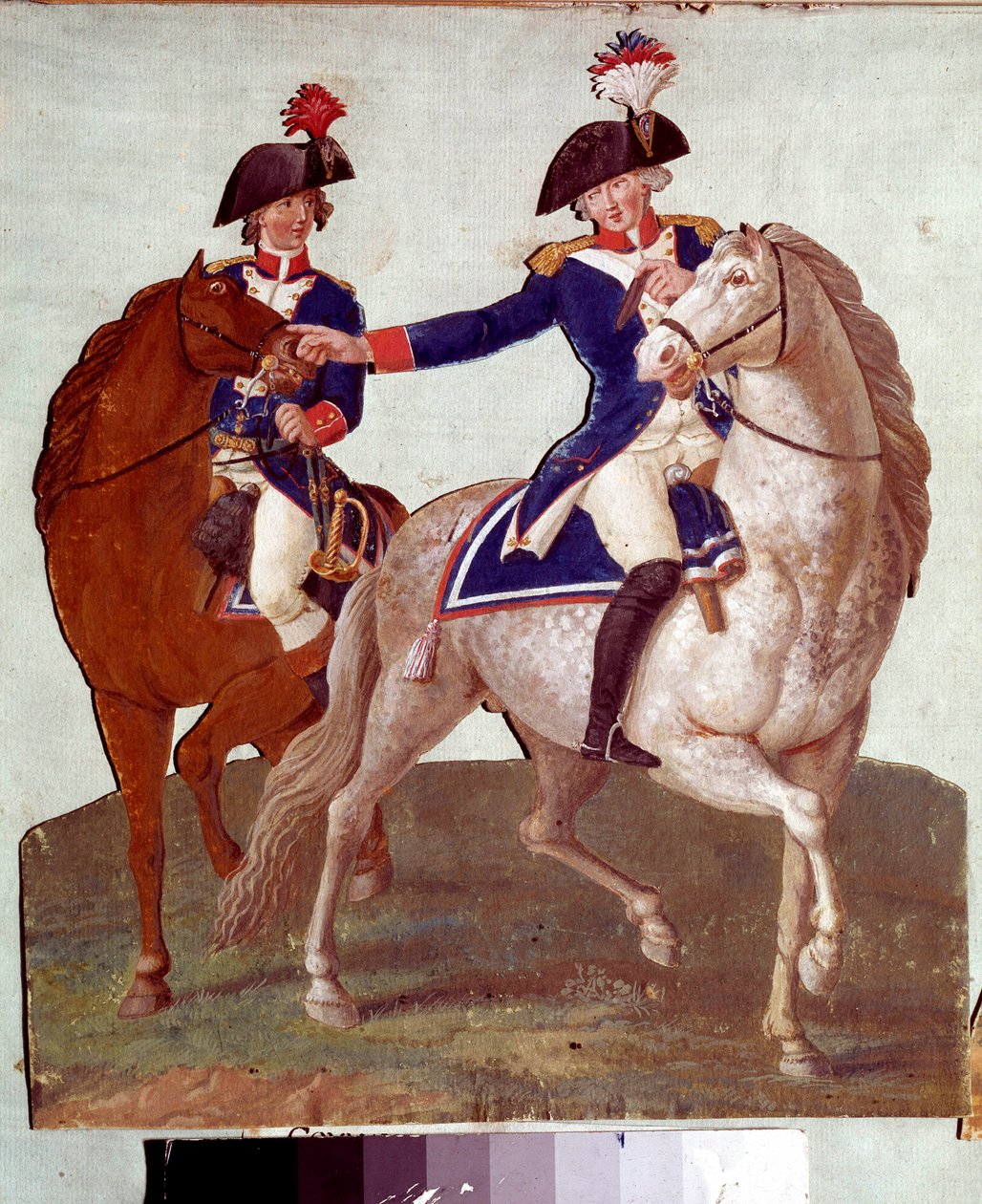 Dowódca armii paryskiej wydający rozkazy swemu adiutantowi: reprezentacja żołnierzy podczas rewolucji 1789 r. Gwasz braci Lesueur. 18 wiek. Musee Carnavalet, Paryż autorstwa Lesueur Brothers