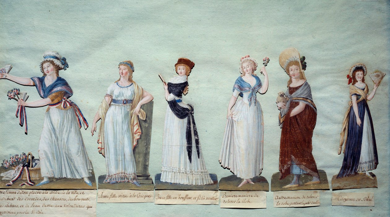 Różne młode kobiety reprezentujące modę kobiecą podczas rewolucji. Gwasz des freres Lesueur (XVIII w.) Paryż, Musee Carnavalet autorstwa Lesueur Brothers