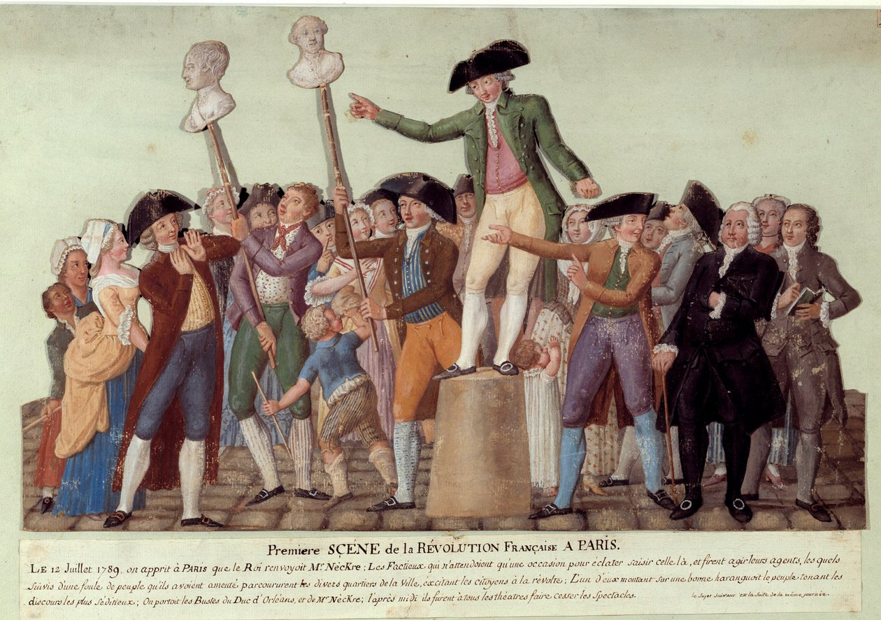 Pierwsza scena rewolucji francuskiej w Paryżu: 12.07.1789 r., po zdymisjonowaniu przez króla Jacquesa Neckera, Camille Desmoulins szykował tłum w Palais Royal i wezwał do buntu przeciwko rządowi. Popiersia Jacquesa Neckera i Louisa Phila autorstwa Lesueur Brothers