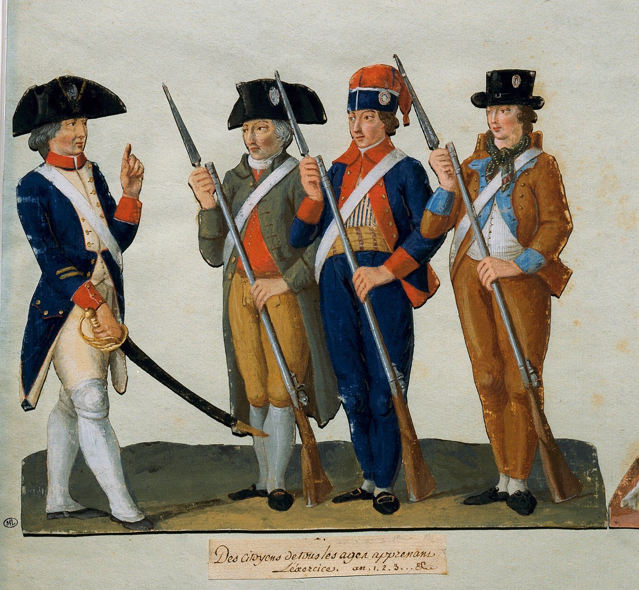 Rewolucja Francuska: „Obywatele ćwiczący” gwasz braci Lesueur (XVIII w.) Paryż. Muzeum Karnawałowe autorstwa Lesueur Brothers