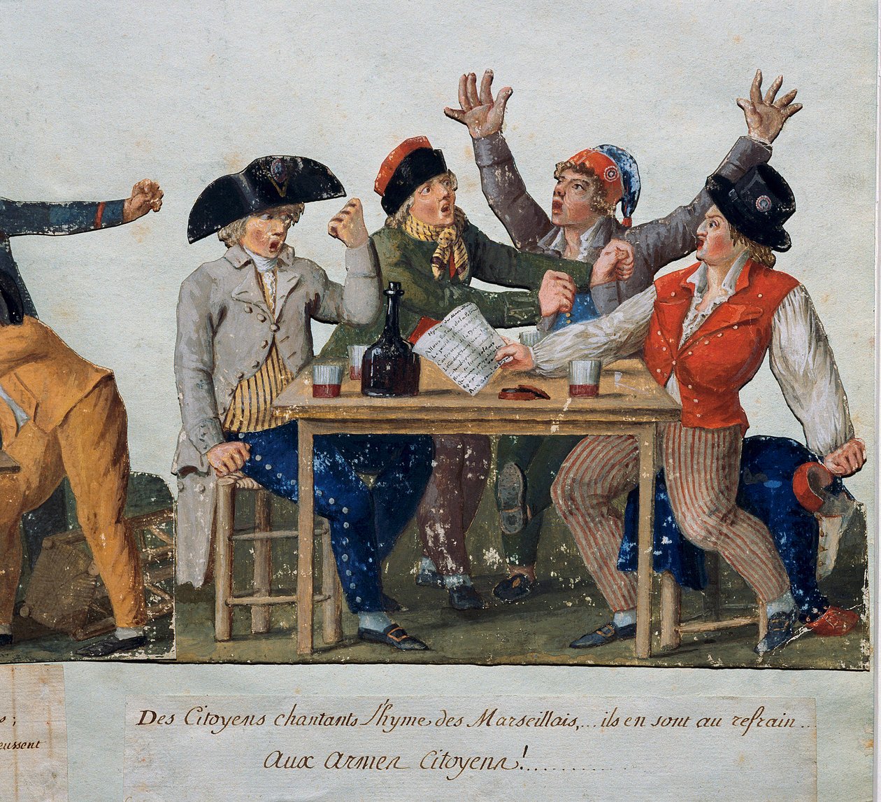 Rewolucja Francuska: „” Obywatele śpiewają hymn Marsylii: z bronią Obywatele…”” Bez majtek w karczmie śpiewają Marsylia. Grawerowanie braci Lesueur (XVIII wiek). Musee Carnavalet, Paryż autorstwa Lesueur Brothers