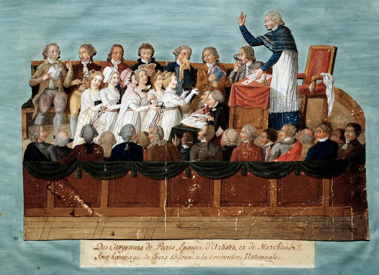 Rewolucja Francuska: „”obywatele Paryża ofiarowują swoją biżuterię na Konwent Narodowy”” Illustration des Freres Lesueur (XVIII wiek). 1792-1795. Paryż, musee Carnavalet - Rewolucja angielska - Mieszkańcy Paryża ofiarowują swoją biżuterię Nati autorstwa Lesueur Brothers