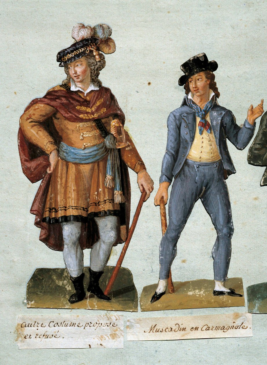 Rewolucja francuska: kostiumy fantazyjnych dandysów rojalistycznych (muscadin) odmawiają. Gwasz braci Lesueur (XVIII w.) Muzeum Carnavalet autorstwa Lesueur Brothers