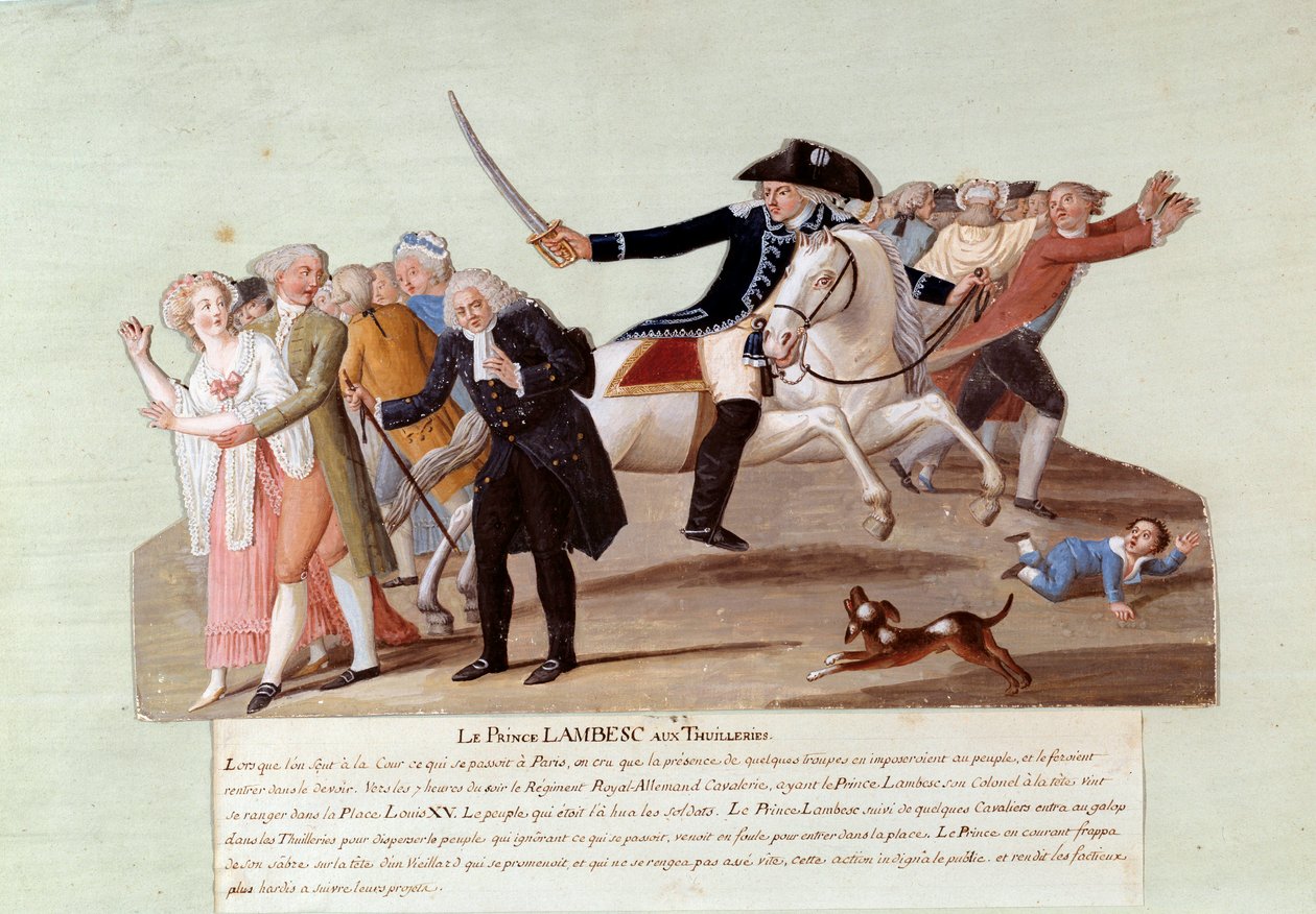 Rewolucja Francuska 1789: Książę Lambesc w Tuileries 12 lipca, próbując stłumić pierwsze demonstracje rewolucjonistów. Gwasz des freres Lesueur (XVIII wiek) autorstwa Lesueur Brothers
