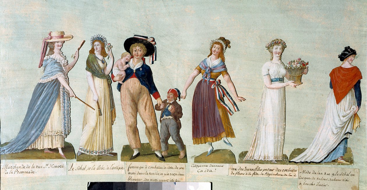 Rewolucja francuska 1789: moda damska w epoce rewolucji (kobieta rewolucjonistka). Gwasz des freres Lesueur (XVIII wiek). Paryż, Musee Carnavalet. autorstwa Lesueur Brothers