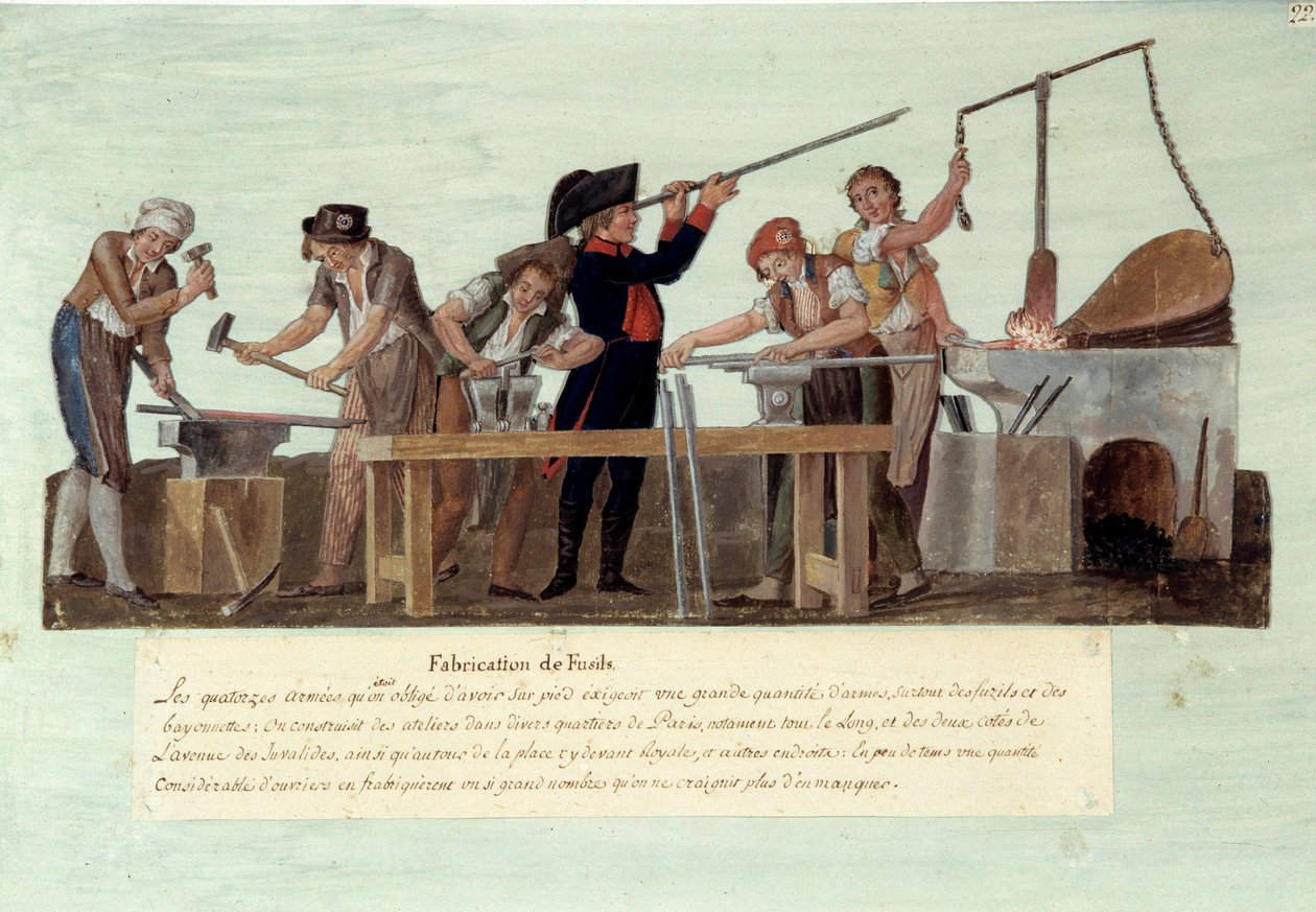 Rewolucja Francuska 1789 r.: „produkcja karabinów” Poszczególne etapy wytwarzania broni przez kowali. Gwasz des freres Lesueur autorstwa Lesueur Brothers