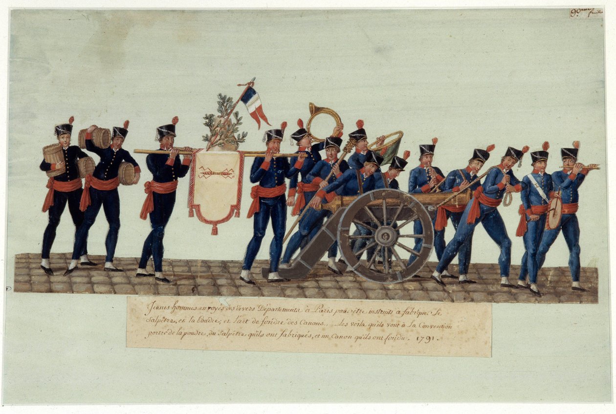 Rewolucja Francuska z 1789 r.: „”młodzi mężczyźni niosący na Konwencję proch, salpetę, którą zrobili i armatę, którą stopili”. Gwasz des freres Lesueur (XVIII wiek) autorstwa Lesueur Brothers