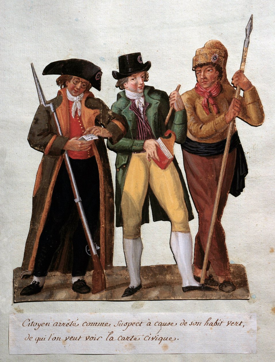 Rewolucja Francuska „”podejrzany obywatel został aresztowany z powodu jego zielonego habitu””Gwasz des freres Lesueur (XVIII wiek). Musee Carnavalet, Paryż autorstwa Lesueur Brothers