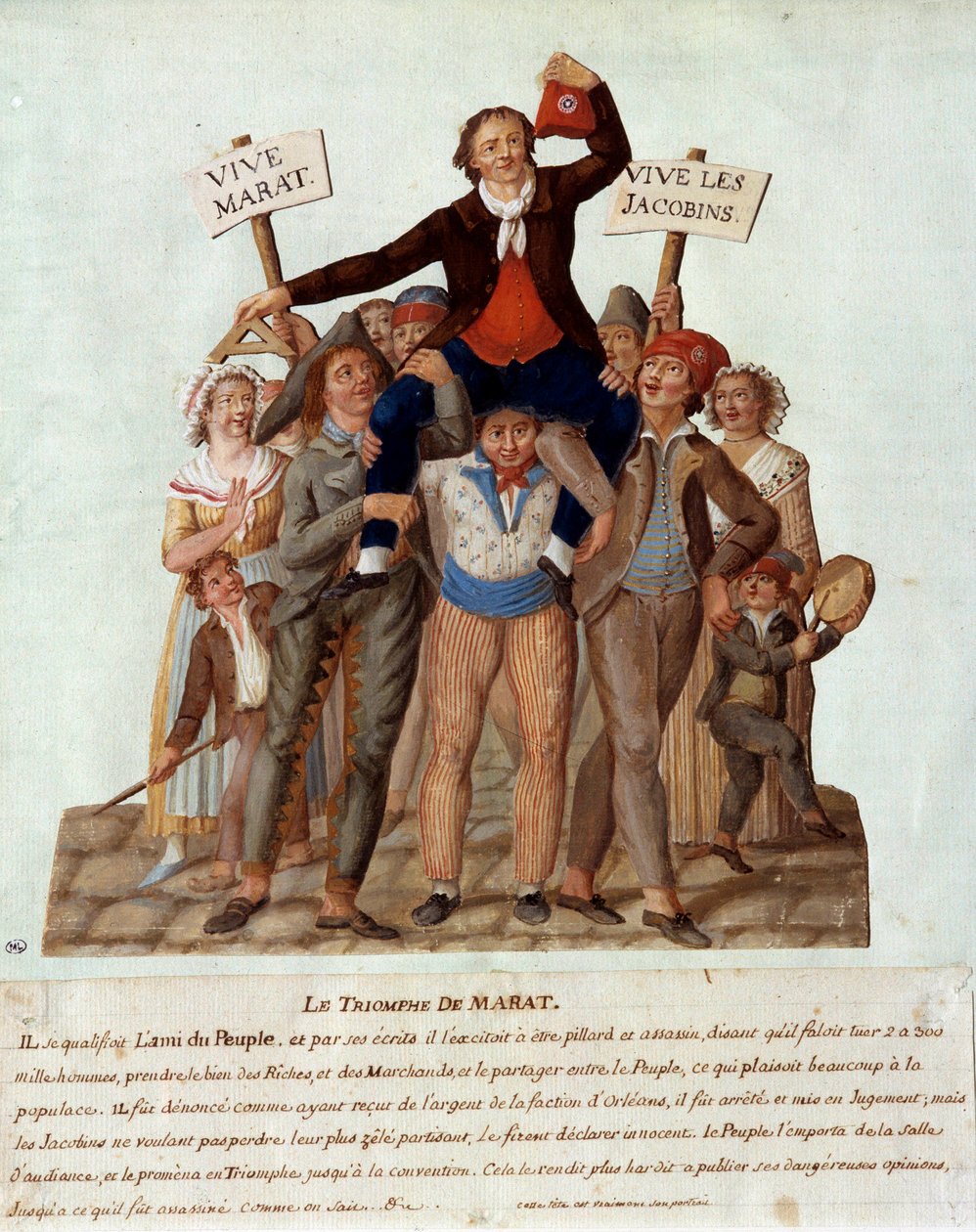 Rewolucja francuska: „”triumf Marata”” Jean-Paul (Jean Paul) Marat (1743-1793), deputowany Paryża na Konwencie Krajowym, triumfuje wśród ludu za ich agresywną postawę wobec bogatych na rzecz ludzie. Gwasz des freres Lesue autorstwa Lesueur Brothers