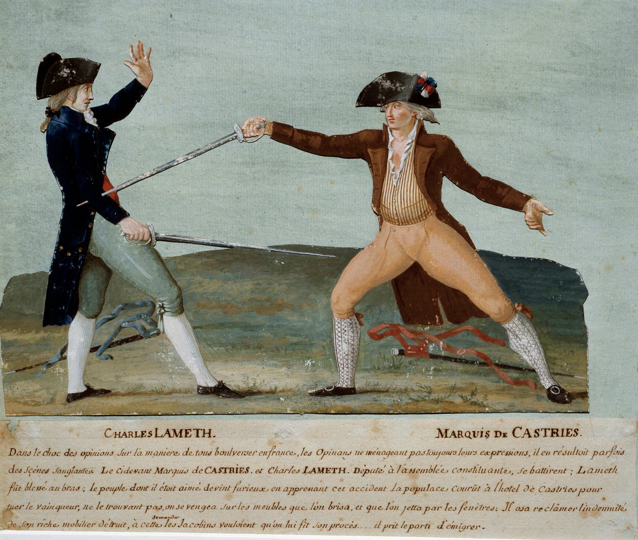 Rewolucja francuska: pojedynek między Charlesem Lamethem (1757-1832), deputowanym do Zgromadzenia Ustawodawczego, a markizem de Castries (1756-1842), deputowanym szlachty w dniu 12 listopada 1790. Ten ostatni rani Lametha, a tłum jakobinów szalał w jego ho autorstwa Lesueur Brothers
