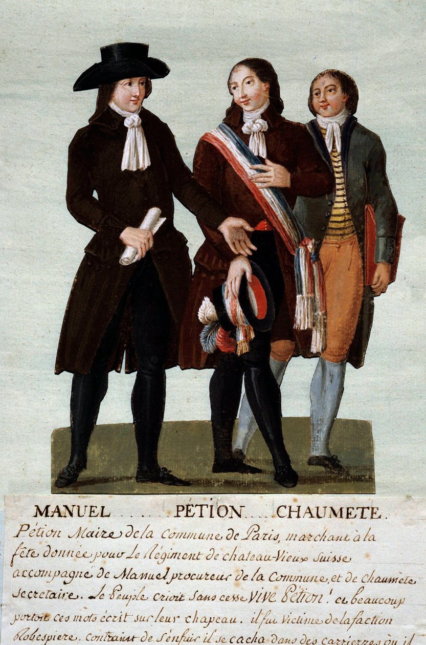 Rewolucja francuska: rewolucjoniści Jerome Petion (1756-1794), Jacques Antoine (Jacques-Antoine) Manuel (1775-1827) i Pierre-Gaspard (Pierre Gaspard) Chaumette dit Anaxagoras (1763-1794), rzecznik nieokiełznanych. Gwasz braci Lesueur (18th autorstwa Lesueur Brothers