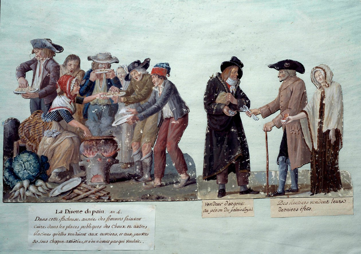 Sceny Rewolucji Francuskiej: „”niedoskonałość chleba, sprzedawca pieniędzy i annuiterzy sprzedający swoje efekty””. Gwasz braci Lesueur, ok. 1789 r. Musee Carnavalet, Paryż autorstwa Lesueur Brothers