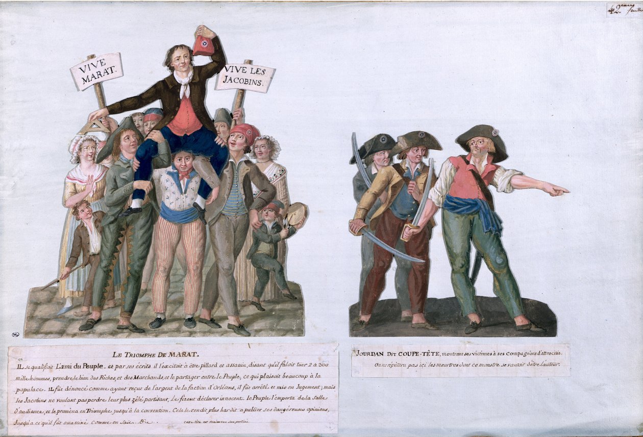 Triumf Marata i Camille Jordan powiedział „Odetnij im głowy”, ok. 1792 (gwasz na karcie) autorstwa Lesueur Brothers