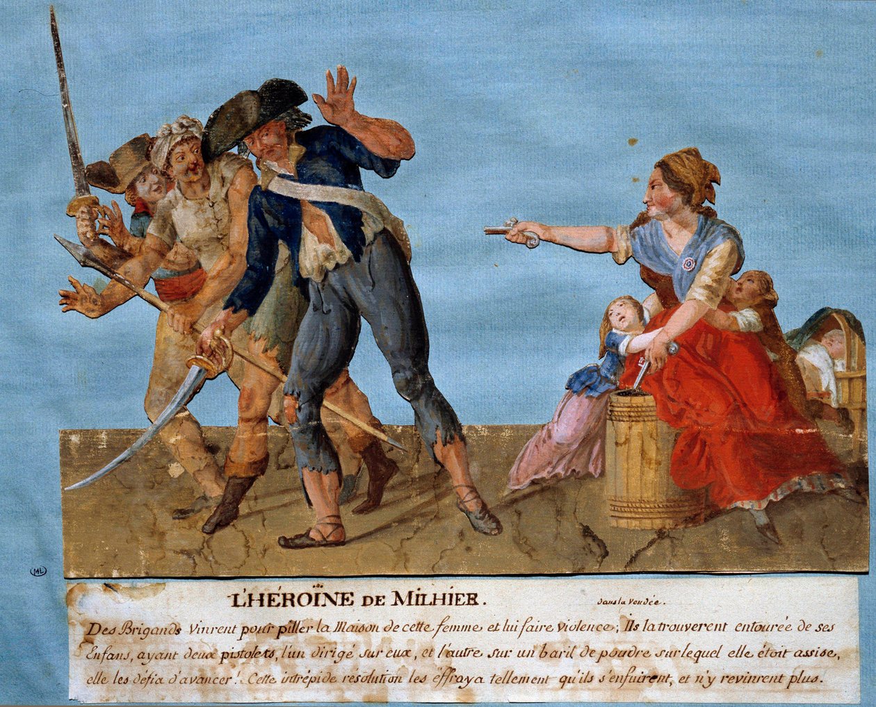 Wojna Vendee: „”Bohaterka Milhiera””. Młoda kobieta grozi dwóm szabrownikom, że wysadzą beczkę z prochem, jeśli odważą się ruszyć do przodu. Gouache des freres Lesueur (XVIII w.) Musee Carnavalet, Paryż autorstwa Lesueur Brothers