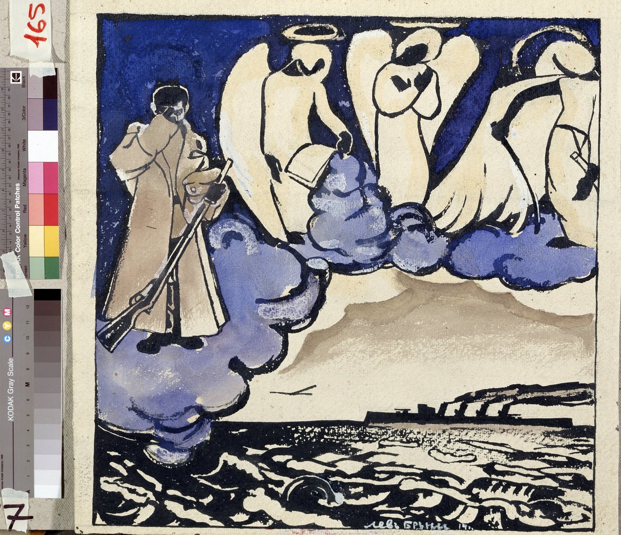 ""Wojna. Rosja. 1914"" Alegoria pierwszej wojny światowej. Żołnierz i anioły. Pióro i gwasz, Lew Bruni (1894-1948) 1914 Państwowe Muzeum Historii, Architektury i Sztuki, Rybinsk, Rosja autorstwa Lev Aleksandrovitc Bruni