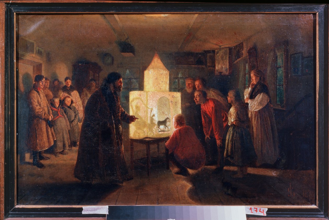 Czarodziejska latarnia w chłopskim domu - obraz Lwa Grigoriewicza Sołowjowa (1837-1919), olej na płótnie autorstwa Lev Grigoryevich Solovyev
