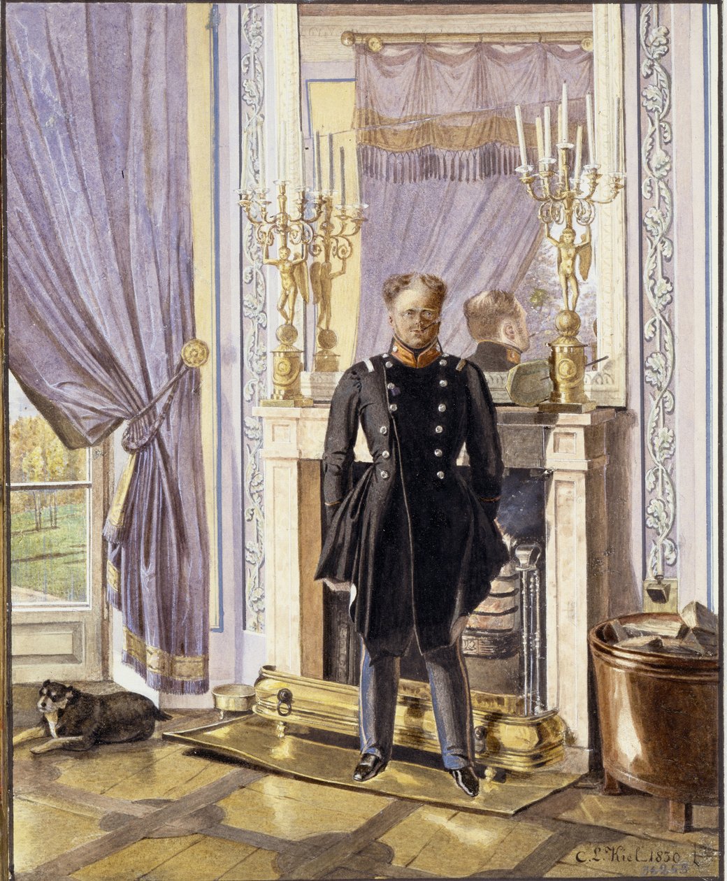 Portret wielkiego księcia Konstantego Pawłowicza Rosji (1779-1831), przed kominkiem. (Portret Wielkiego Księcia Konstantyna Pawłowicza Rosji przy kominku). Praca Lwa Iwanowicza Kilonia (?-1851), akwarela na papierze autorstwa Lev Ivanovich Kiel